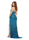 Back. ASHLEYlauren 11498 Peacock Fully Beaded Halter Neckline Gown with Cut Outs, Open Back, and Left Leg Slit