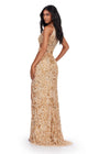 Back. ASHLEYlauren 11501 Gold Fully Beaded High Neckline Gown with Waist Cut Outs and Left Leg Slit