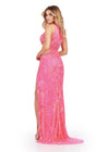 Back. ASHLEYlauren 11501 Hot Pink Fully Beaded High Neckline Gown with Waist Cut Outs and Left Leg Slit