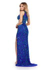 Back. ASHLEYlauren 11501 Turquoise/Royal Fully Beaded High Neckline Gown with Waist Cut Outs and Left Leg Slit