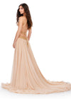 Back. ASHLEYlauren 11504 Gold Halter Neckline Chiffon Gown with Fully Beaded Bustier, Intricate Cut Outs, Open Back Design, and Flowing Chiffon Skirt