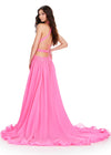Back. ASHLEYlauren 11504 Hot Pink Halter Neckline Chiffon Gown with Fully Beaded Bustier, Intricate Cut Outs, Open Back Design, and Flowing Chiffon Skirt