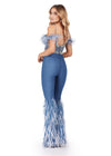 Back. ASHLEYlauren 11513 Denim Jumpsuit with Fully Beaded Corset Bustier, Ombre Feathered Waistband, Off Shoulder Feather Straps, and Flare Pants