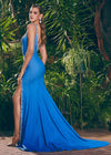 Back. ASHLEYlauren 11515 Denim V-Neckline Gown with Sweetheart Neckline, Beaded Bodice, Crystal Accents, and Left Leg Slit