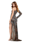 Back. ASHLEYlauren 11516 Multi/Black Fully Beaded One Shoulder Gown with Intricate Design, Fringe Detail, and Left Leg Slit