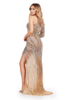 Back. ASHLEYlauren 11516 Multi/Nude Fully Beaded One Shoulder Gown with Intricate Design, Fringe Detail, and Left Leg Slit