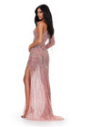 Back. ASHLEYlauren 11516 Pink Fully Beaded One Shoulder Gown with Intricate Design, Fringe Detail, and Left Leg Slit
