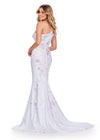 Back. ASHLEYlauren 11525 One Shoulder Fitted Jersey Gown with Delicate Multi-Coloured Floral Heat Set Stones Cascading Down Skirt and Sweep Train