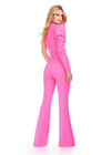 Back. ASHLEYlauren 11531 Pink Scuba Jumpsuit with High Neckline, One Shoulder Design, and Exaggerated Puff Sleeve