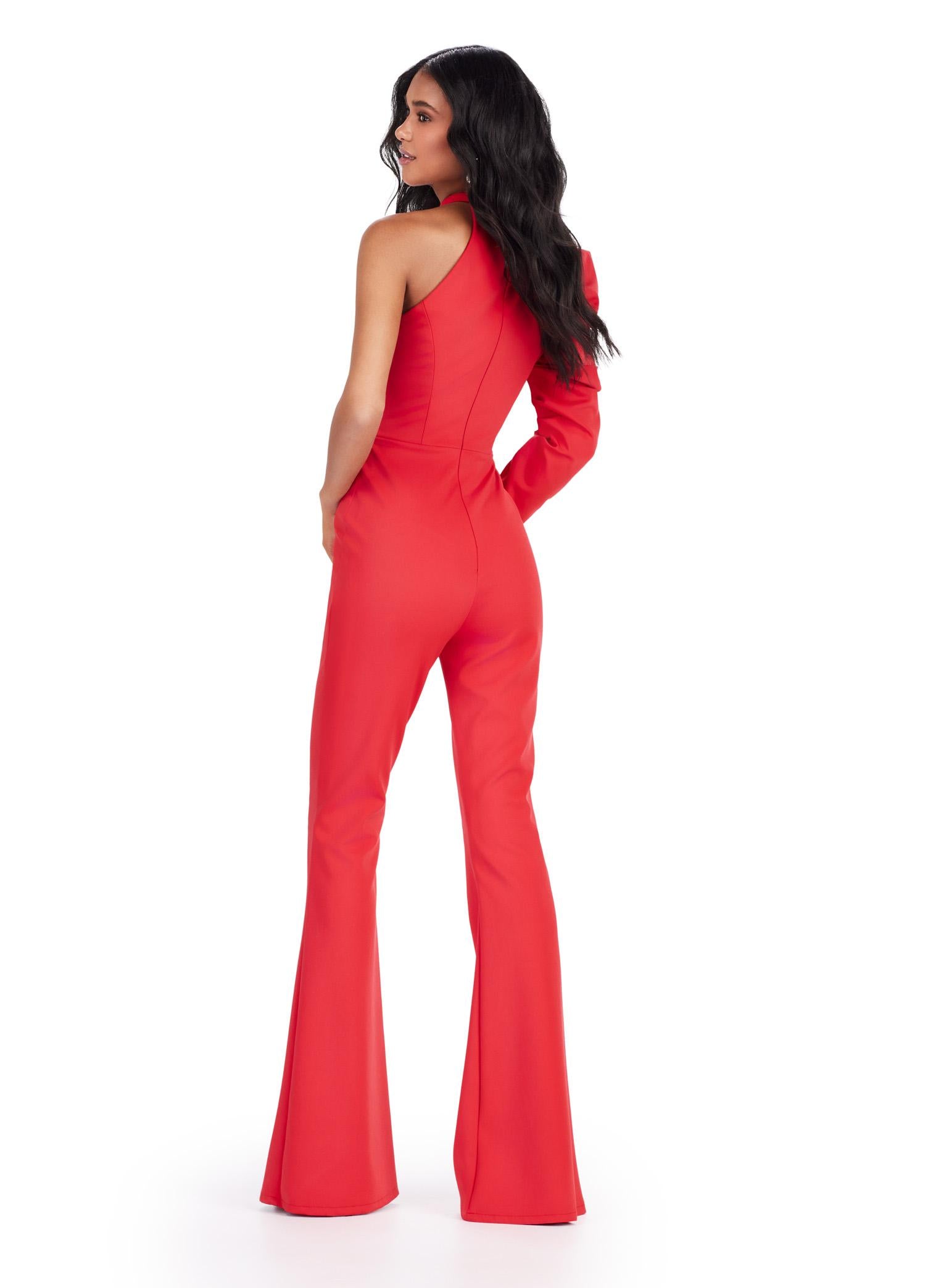 Back. ASHLEYlauren 11531 Red Scuba Jumpsuit with High Neckline, One Shoulder Design, and Exaggerated Puff Sleeve