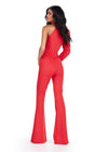 Back. ASHLEYlauren 11531 Red Scuba Jumpsuit with High Neckline, One Shoulder Design, and Exaggerated Puff Sleeve