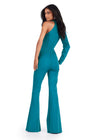 Back. ASHLEYlauren 11531 Teal Scuba Jumpsuit with High Neckline, One Shoulder Design, and Exaggerated Puff Sleeve