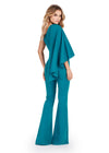 Back. ASHLEYlauren 11534 Teal Scuba Jumpsuit with One Shoulder Design, Cascading Ruffle Cape Sleeve, and Dramatic Fit