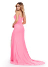 Back. ASHLEYlauren 11538 Candy Pink Jersey Gown with Beaded Spaghetti Straps, Corset Bustier, Ruched Hip Detail, and Left Leg Slit