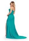 ASHLEYlauren 11538 Jade Jersey Gown with Beaded Spaghetti Straps, Corset Bustier, Ruched Hip Detail, and Left Leg Slit