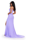 Back. ASHLEYlauren 11538 Lilac Jersey Gown with Beaded Spaghetti Straps, Corset Bustier, Ruched Hip Detail, and Left Leg Slit