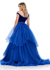 Back. ASHLEYlauren 11563 Off Shoulder Velvet Bustier Ball Gown with Beaded Crystal Waistline and Organza Ruffle Skirt