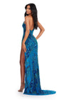 Back. ASHLEYlauren 11590 Peacock One Shoulder Fully Beaded Gown with Sweetheart Neckline, Beaded Fringe Detail, and Left Leg Slit