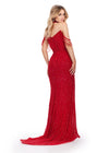 Back. ASHLEYlauren 11598 Red Fully Beaded Gown with Pearl and Crystal Encrusted Bustier, Off Shoulder Design, and Beaded Choker
