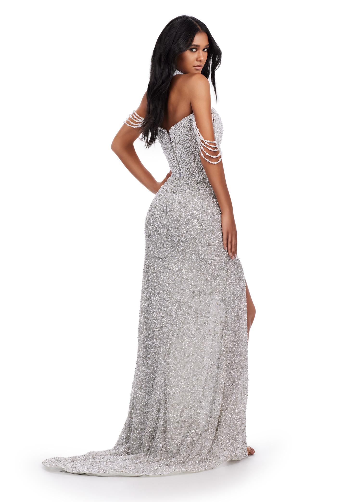 Back. ASHLEYlauren 11598 Silver Fully Beaded Gown with Pearl and Crystal Encrusted Bustier, Off Shoulder Design, and Beaded Choker
