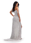 Back. ASHLEYlauren 11598 Silver Fully Beaded Gown with Pearl and Crystal Encrusted Bustier, Off Shoulder Design, and Beaded Choker