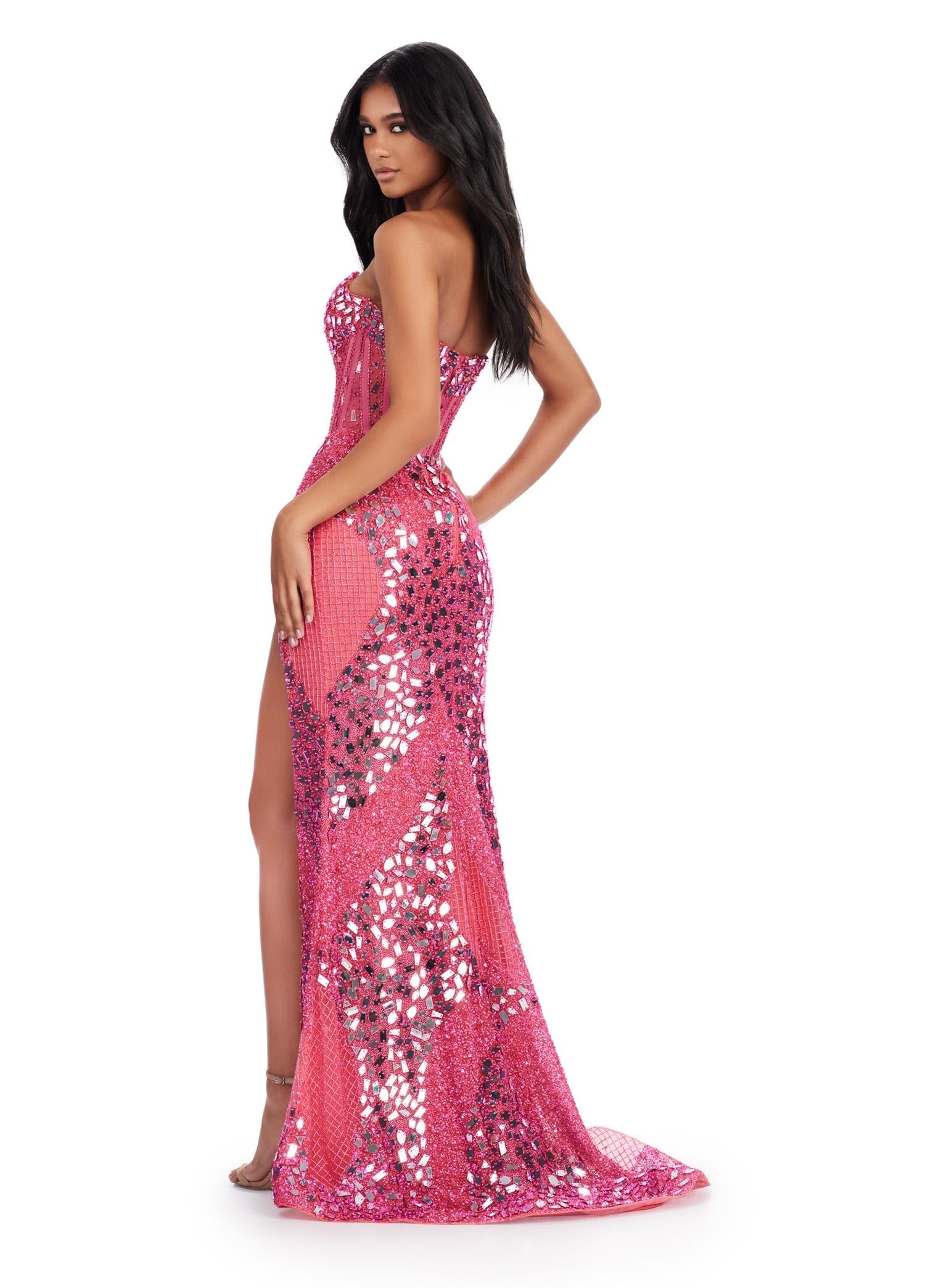 Back. ASHLEYlauren 11599 Pink Fully Beaded Strapless Mirror Dress with Exposed Corset Boning, Left Leg Slit, and Sweep Train