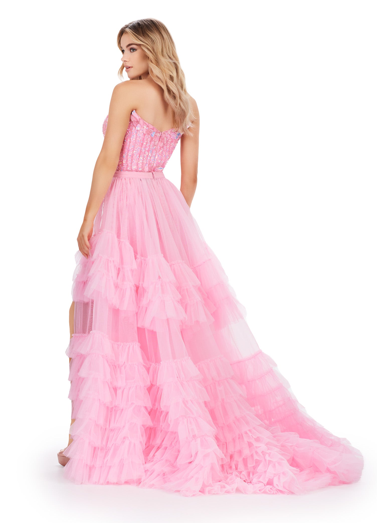 Back. ASHLEYlauren 11602 CandyPink Tiered Tulle Overskirt with Voluminous Layers, Perfect for Adding Drama to Any Gown, Jumpsuit, or Cocktail Look