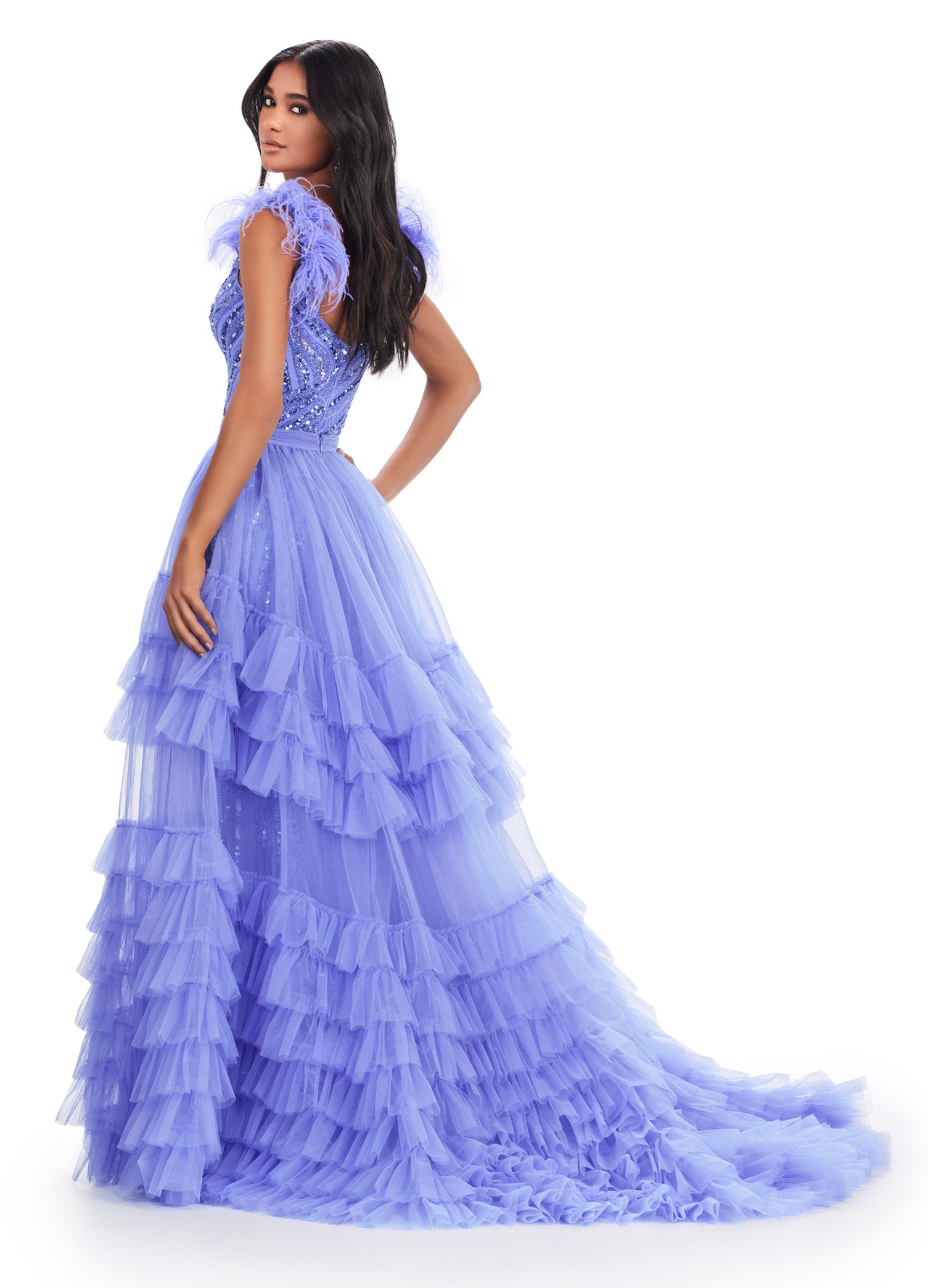 Back. ASHLEYlauren 11602 Periwinkle Tiered Tulle Overskirt with Voluminous Layers, Perfect for Adding Drama to Any Gown, Jumpsuit, or Cocktail Look