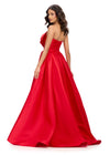 Back. ASHLEYlauren 11609 Red Strapless Mikado Ball Gown with Illusion V-Neckline, Oversized Asymmetrical Bow, and A-Line Wrap Skirt