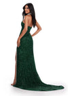 Back. ASHLEYlauren 11634 Emerald Fully Beaded Halter Gown with Keyhole Cut Out, Crystal Trimmed Neckline and Slit, and Left Leg Slit