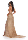 Back. ASHLEYlauren 11634 Gold Fully Beaded Halter Gown with Keyhole Cut Out, Crystal Trimmed Neckline and Slit, and Left Leg Slit