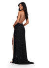 Back. ASHLEYlauren 11635 One Shoulder Fully Beaded Gown in Black with Crystal Trimmed Asymmetric Cut Out, Open Back, and Left Leg Slit
