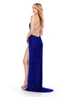 Back. ASHLEYlauren 11635 One Shoulder Fully Beaded Gown in Royal with Crystal Trimmed Asymmetric Cut Out, Open Back, and Left Leg Slit