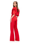 Back. ASHLEYlauren 11760 Red Scuba Jumpsuit with Spaghetti Straps and Removable Ruffle-Accented Jacket for a Bold, Stylish Look