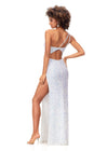 Back. Ab/Ivory ASHLEYlauren 11285 One Shoulder Sequin Gown with Adjustable Straps, Keyhole Back Cut Out, Fully Hand Beaded Design, and Left Leg Slit