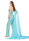Back. Ab/Turquoise ASHLEYlauren 11384 eye-catching sequin jumpsuit featuring a one shoulder neckline, removable cape, open back with sequin straps, for a bold and glamorous statement look.