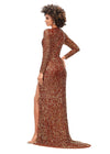 Back. Amber ASHLEYlauren 11241 Fully Sequin Fitted Gown with Lace-Up Bustier, Long Sleeves, and Left Leg Slit