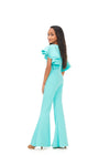 Back. Aqua. ASHLEYlauren Kids 8156 versatile scuba jumpsuit featuring a classic crew neckline, playful ruffle sleeves, and flare bottom pants for a fun and stylish look.