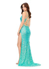 Back. Aqua ASHLEYlauren 11342 sequin gown featuring double spaghetti straps, a sweetheart neckline, lace-up back with beaded fringe tassels, and a left leg slit for a glamorous and elegant look.