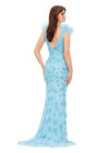 Back. Aqua ASHLEYlauren 11349 beaded gown featuring a V-neckline, feather shoulder details, V-back, and a sweep train for an elegant and dramatic look.