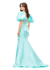 Back. Aqua ASHLEYlauren 11379 Shimmer Satin Fitted Gown with V-Neckline, Lace-Up Back, Oversized Puff Sleeves, and Scattered Heat Set Stone Waistband