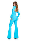 Back. Aqua ASHLEYlauren 11441 statement scuba jumpsuit featuring a high neckline, dramatic feather cuffs, and an open back for a bold and sophisticated look.