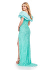 Back. Aqua ASHLEYlauren 11581 Fully Beaded Off Shoulder Gown with Taffeta Ruffles, Left Leg Slit, and Dramatic Detail