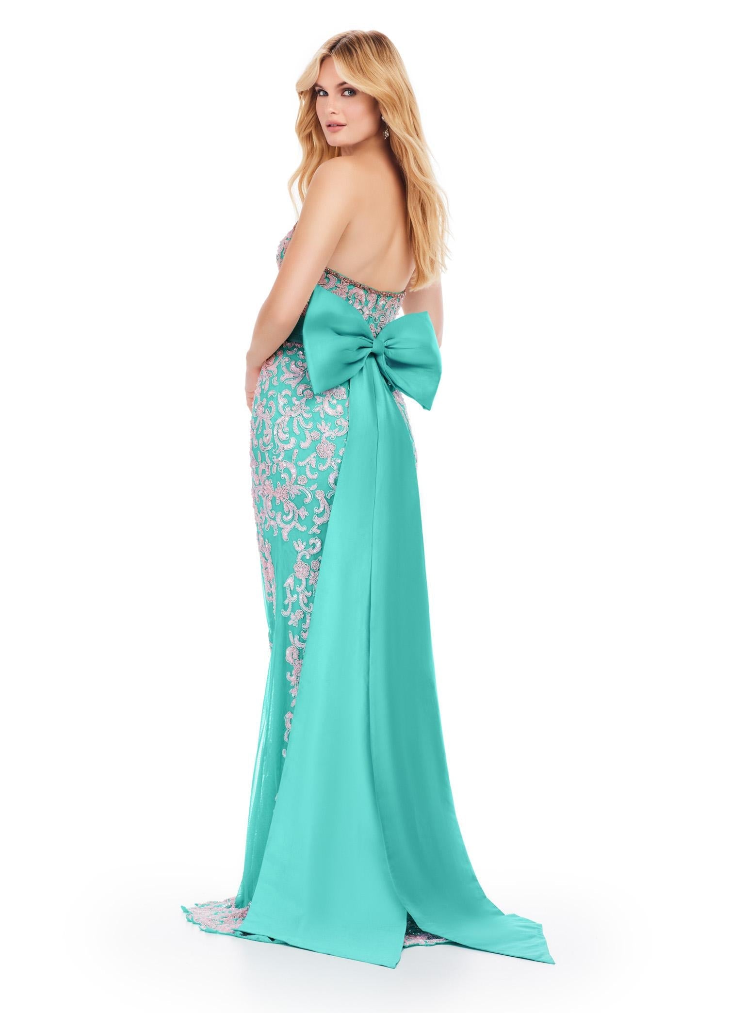 Back. Aqua ASHLEYlauren 11583 Strapless Fully Beaded Gown with Intricate Beaded Design, Detachable Taffeta Belt, and Oversized Bow