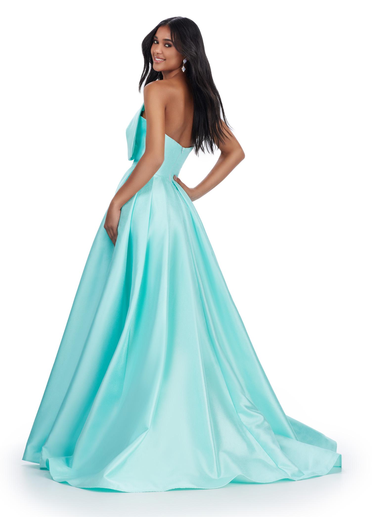 Back. Aqua ASHLEYlauren 11609 Strapless Mikado Ball Gown with Illusion V-Neckline, Oversized Asymmetrical Bow, and A-Line Wrap Skirt