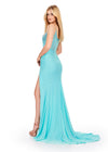Back. Aqua ASHLEYlauren 11616 Spaghetti Strap Gown with Beaded Corset Bustier, Press On Stone Embellishments, and Left Leg Slit