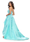 Back. Aqua ASHLEYlauren 11734 elegant satin high-low gown featuring a strapless neckline, floral press-on stone design, and a dramatic silhouette for a modern and glamorous look.