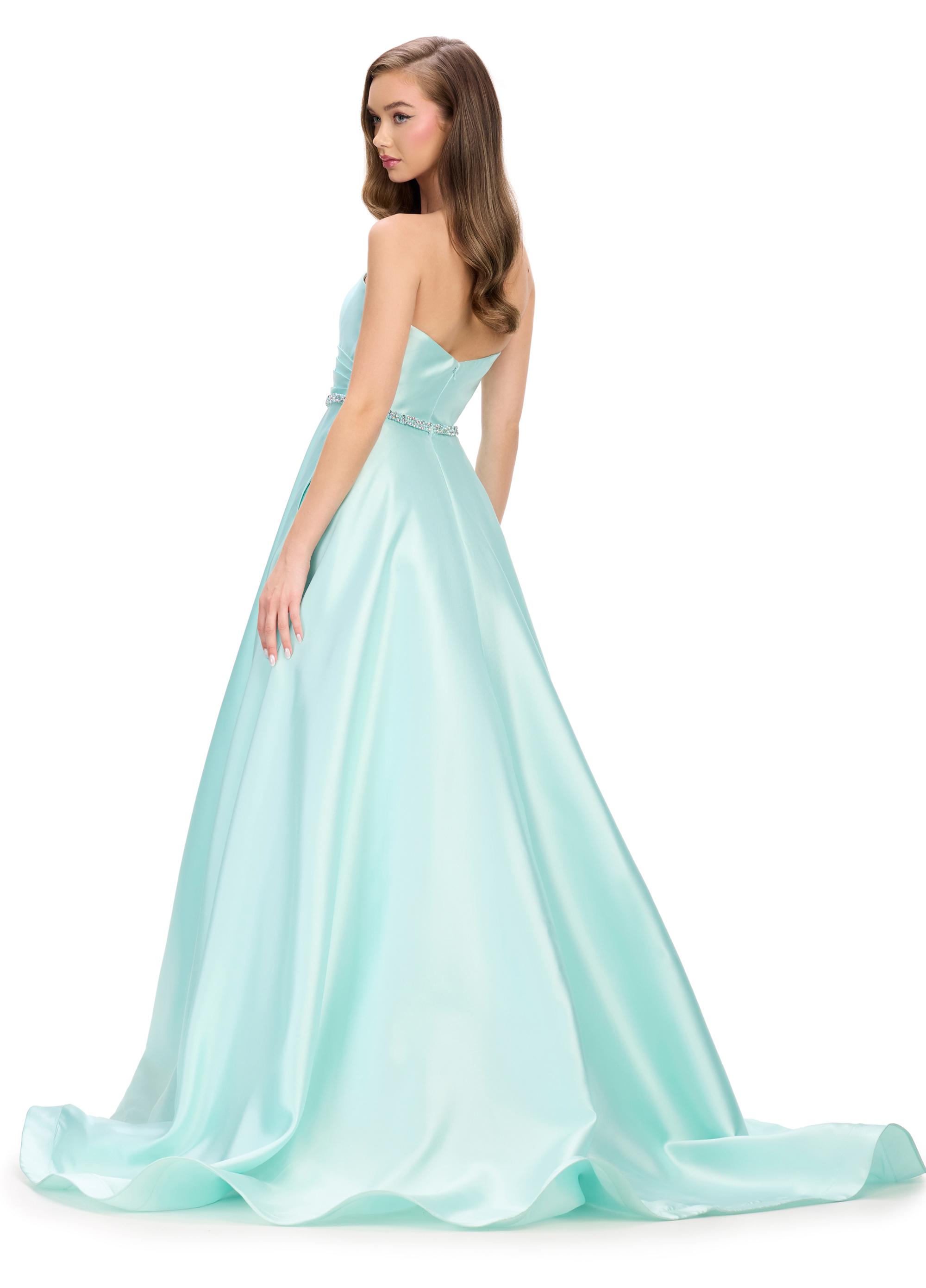 Back. Aqua ASHLEYlauren 11773 elegant Mikado ball gown featuring a flattering sweetheart neckline, beaded belt, and a full ball gown skirt for a regal and timeless look.