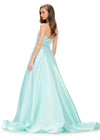 Back. Aqua ASHLEYlauren 11773 elegant Mikado ball gown featuring a flattering sweetheart neckline, beaded belt, and a full ball gown skirt for a regal and timeless look.