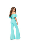 Back. Aqua ASHLEYlauren Kids 8164 stylish scuba jumpsuit featuring a crew neckline, off shoulder puff sleeves, beaded neckline and waistband for a perfect blend of classy and fabulous.